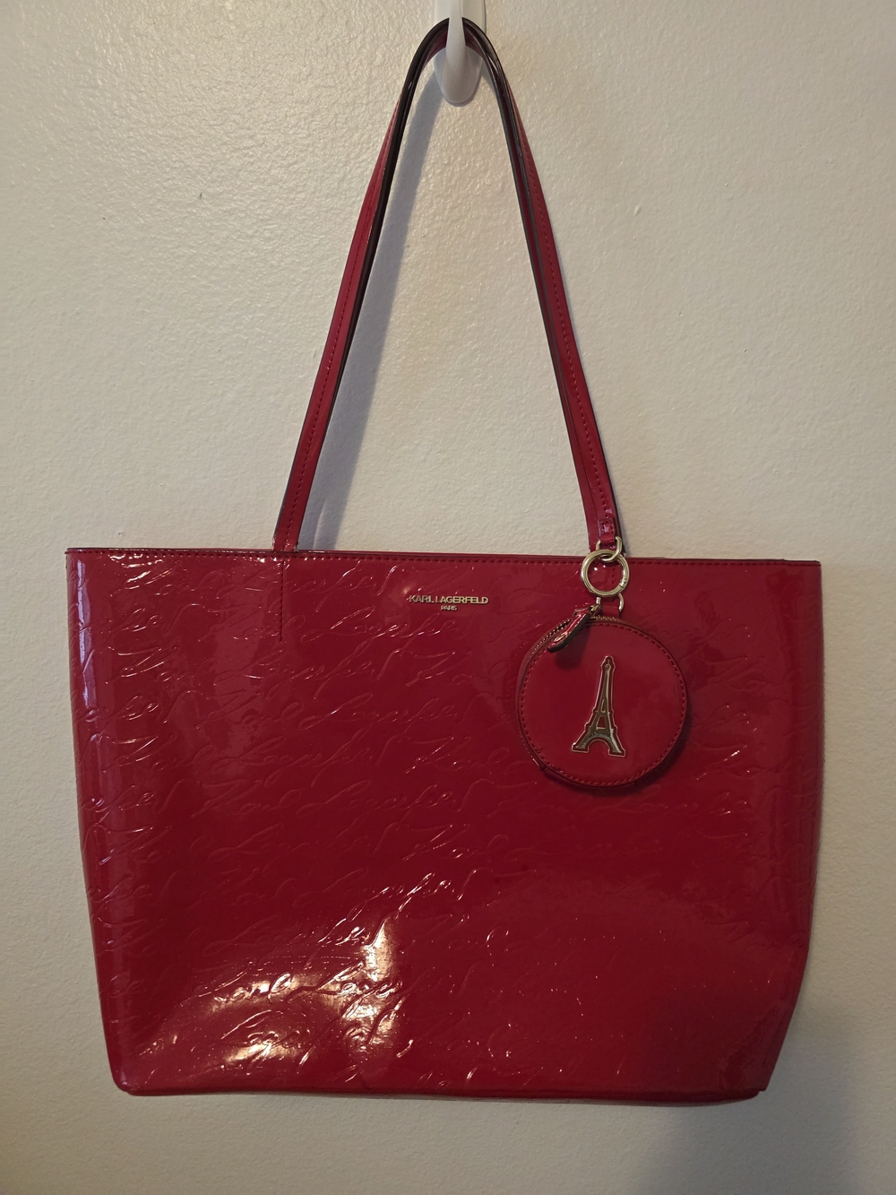 Karl Lagerfeld Red Patent Tote Bag with Eiffel Charm